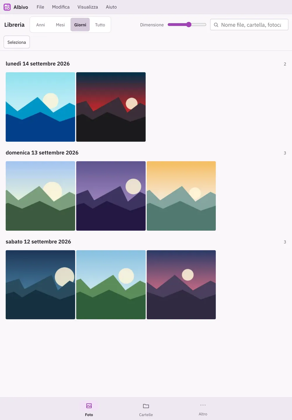 Screenshot di Albivo: area di lavoro con contenuto di esempio