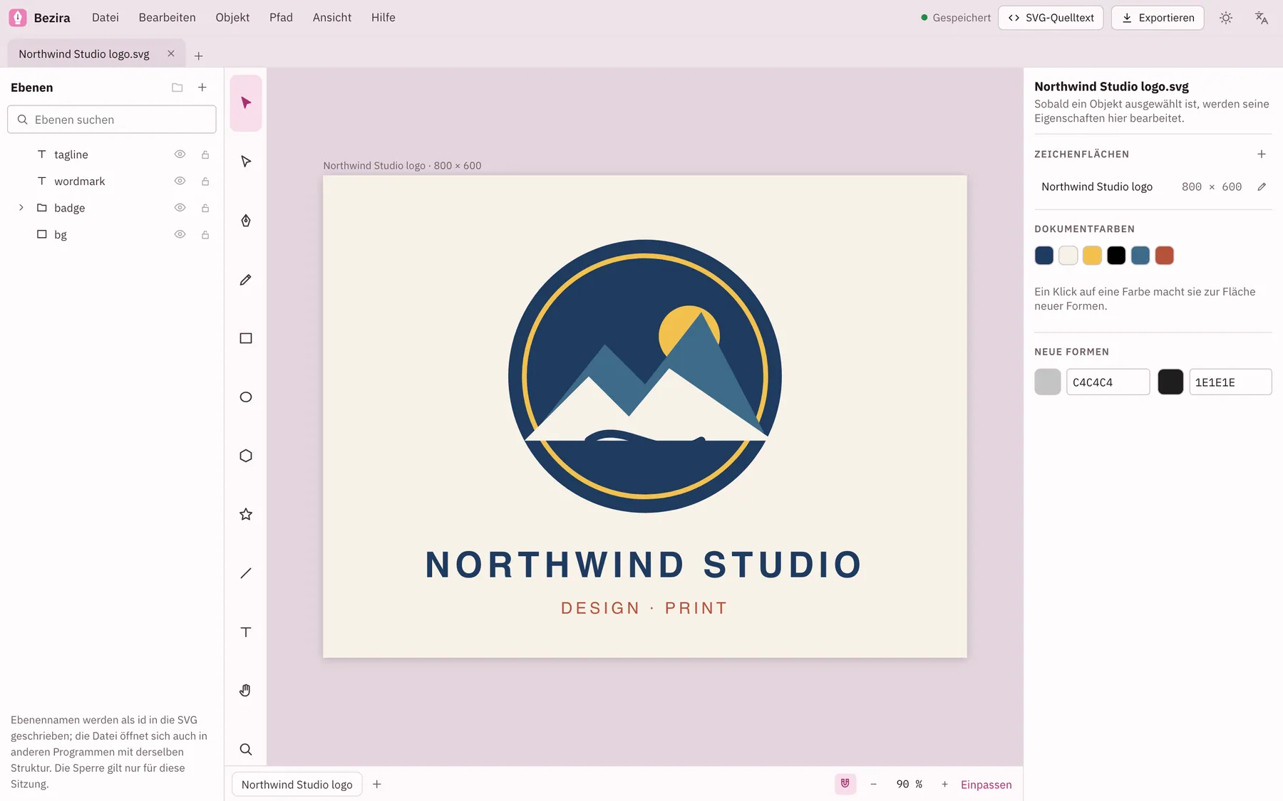 Bildschirmfoto von Bezira: Arbeitsbereich mit Beispielinhalt