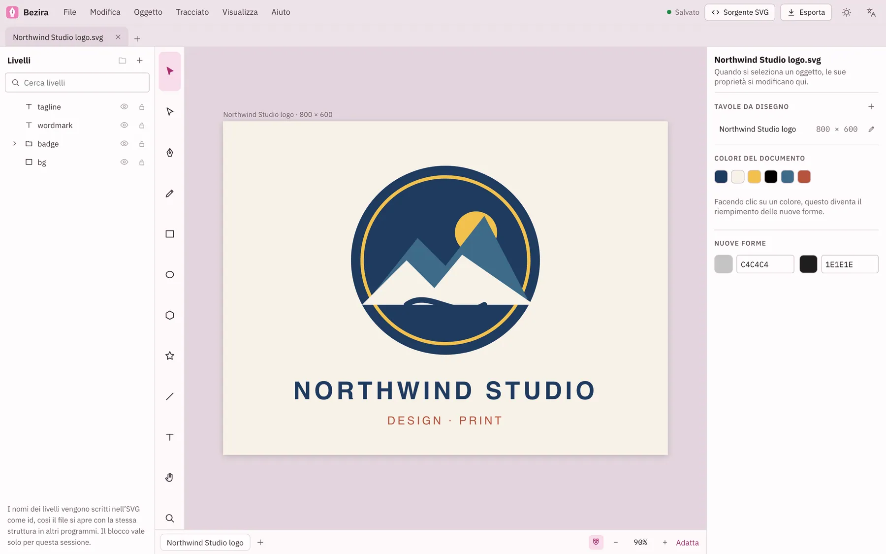 Screenshot di Bezira: area di lavoro con contenuto di esempio