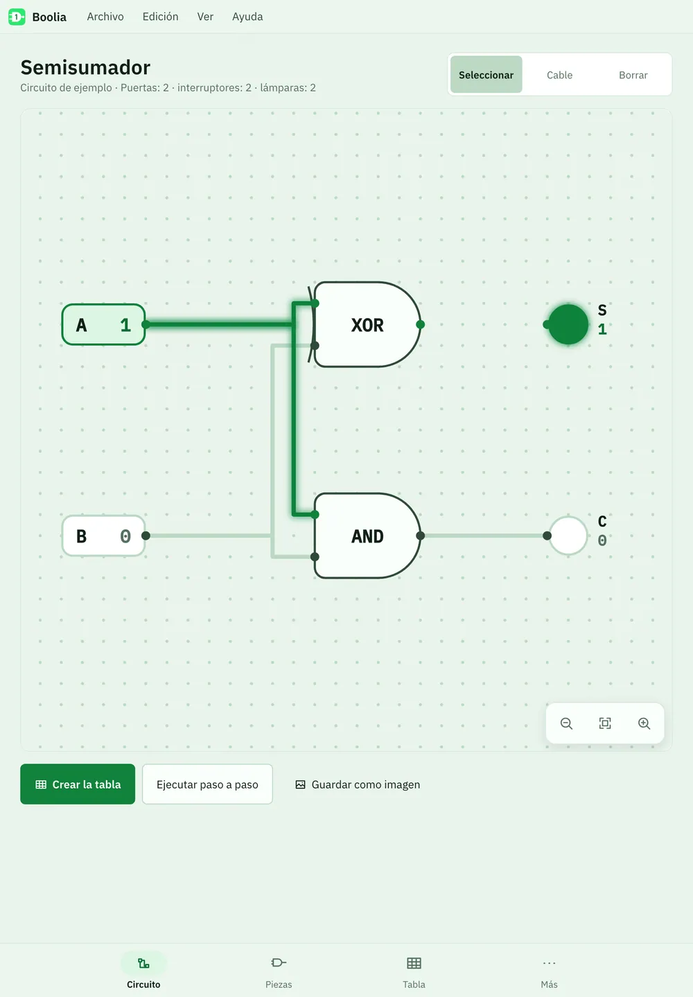 Captura de pantalla de Boolia: área de trabajo con contenido de ejemplo