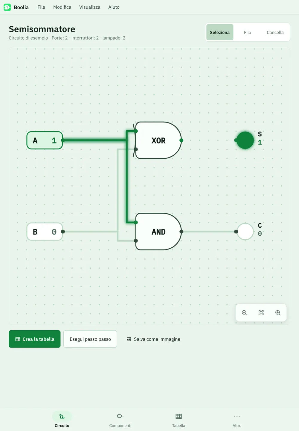 Screenshot di Boolia: area di lavoro con contenuto di esempio
