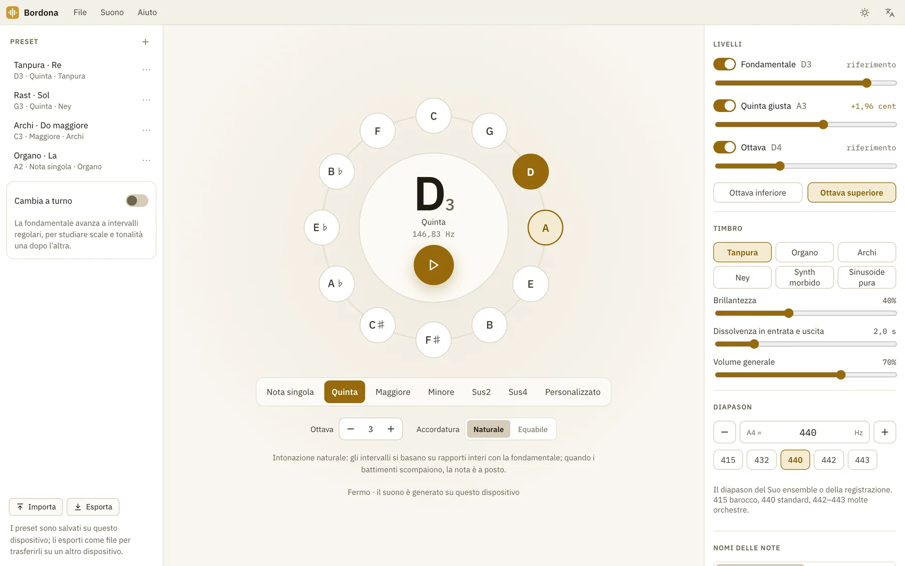Screenshot di Bordona: area di lavoro con contenuto di esempio