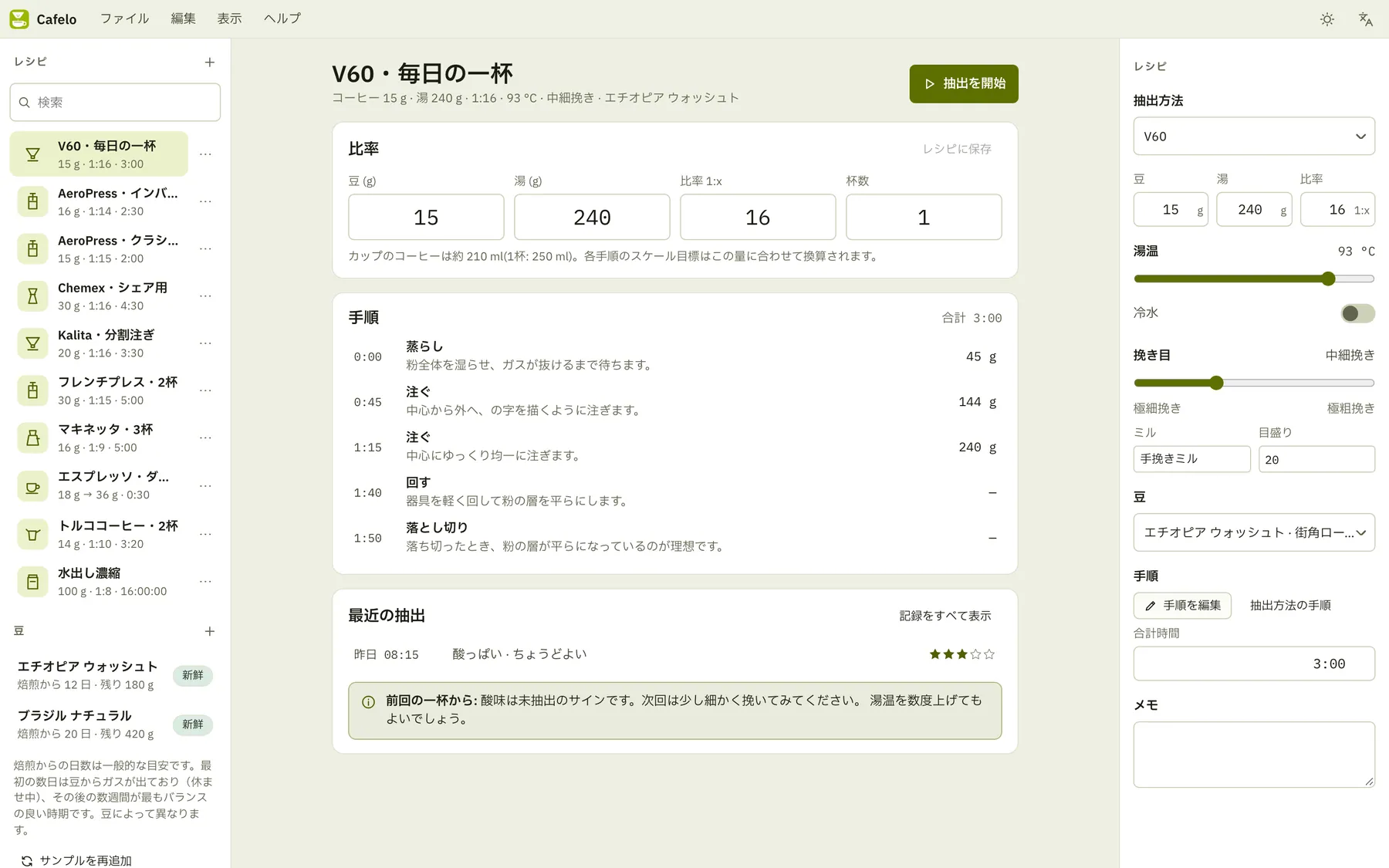 Cafelo のスクリーンショット:サンプルコンテンツを開いた作業画面