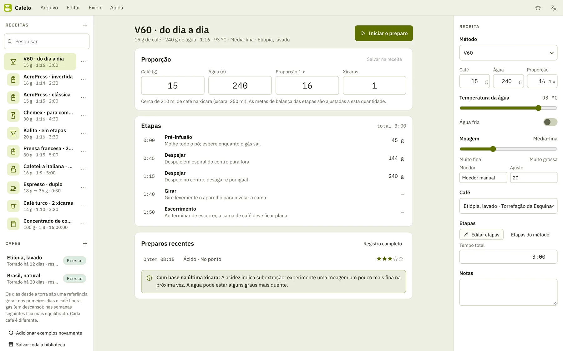 Captura de tela do Cafelo: área de trabalho com conteúdo de exemplo