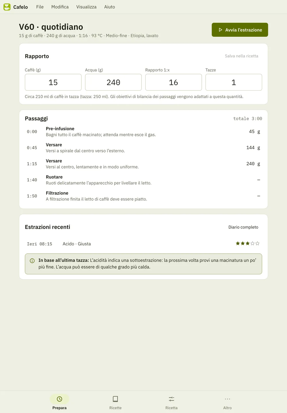 Screenshot di Cafelo: area di lavoro con contenuto di esempio