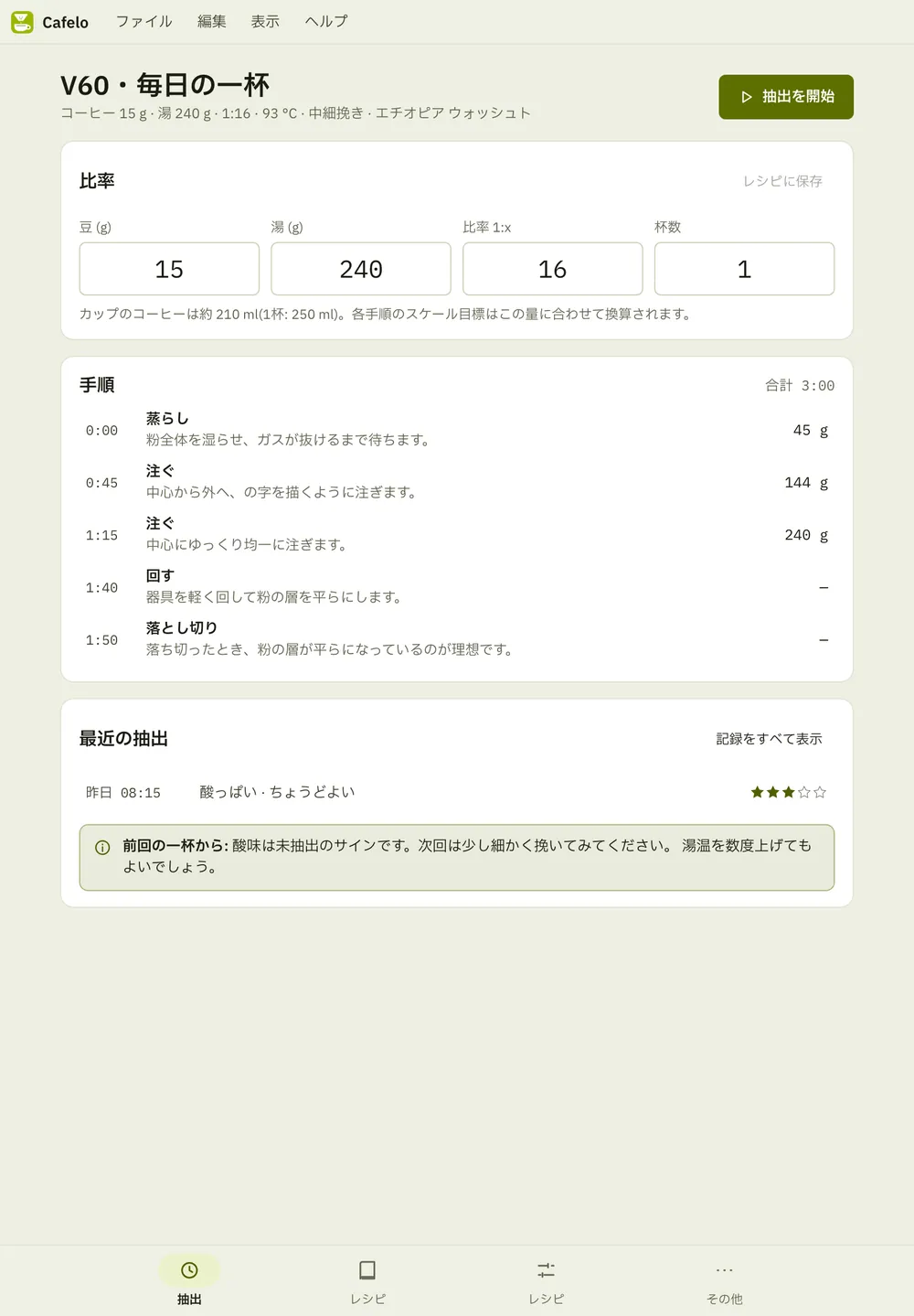 Cafelo のスクリーンショット:サンプルコンテンツを開いた作業画面