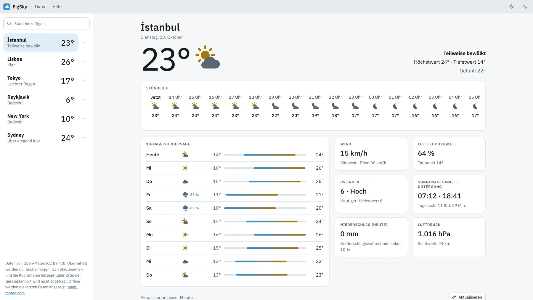 Bildschirmfoto von Cirrela: Arbeitsbereich mit Beispielinhalt