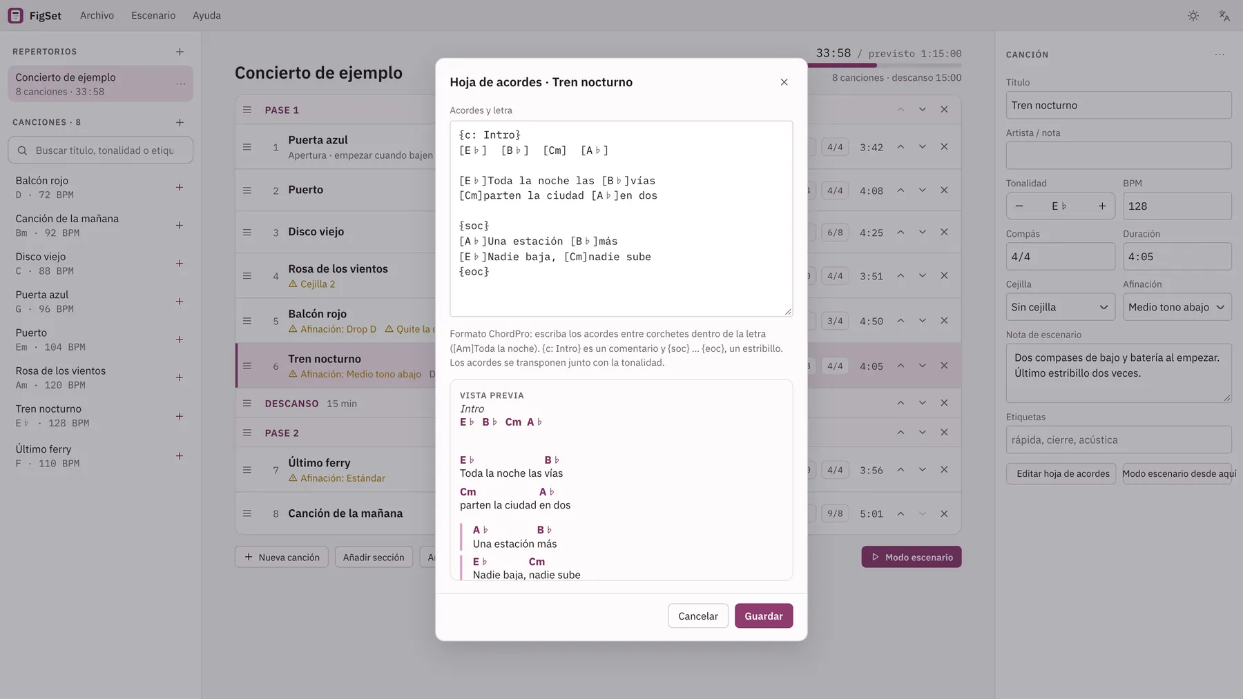 Captura de pantalla de Cuevio: área de trabajo con contenido de ejemplo