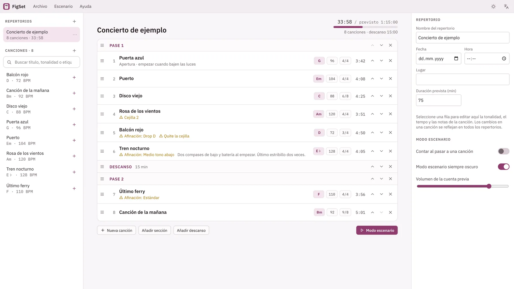 Captura de pantalla de Cuevio: área de trabajo con contenido de ejemplo