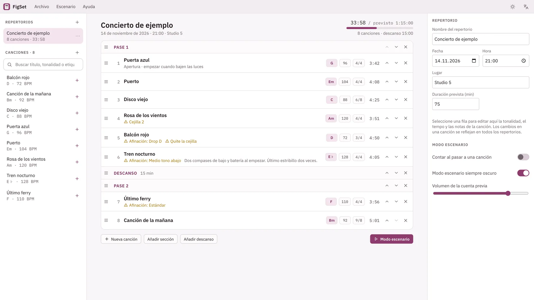Captura de pantalla de Cuevio: área de trabajo con contenido de ejemplo