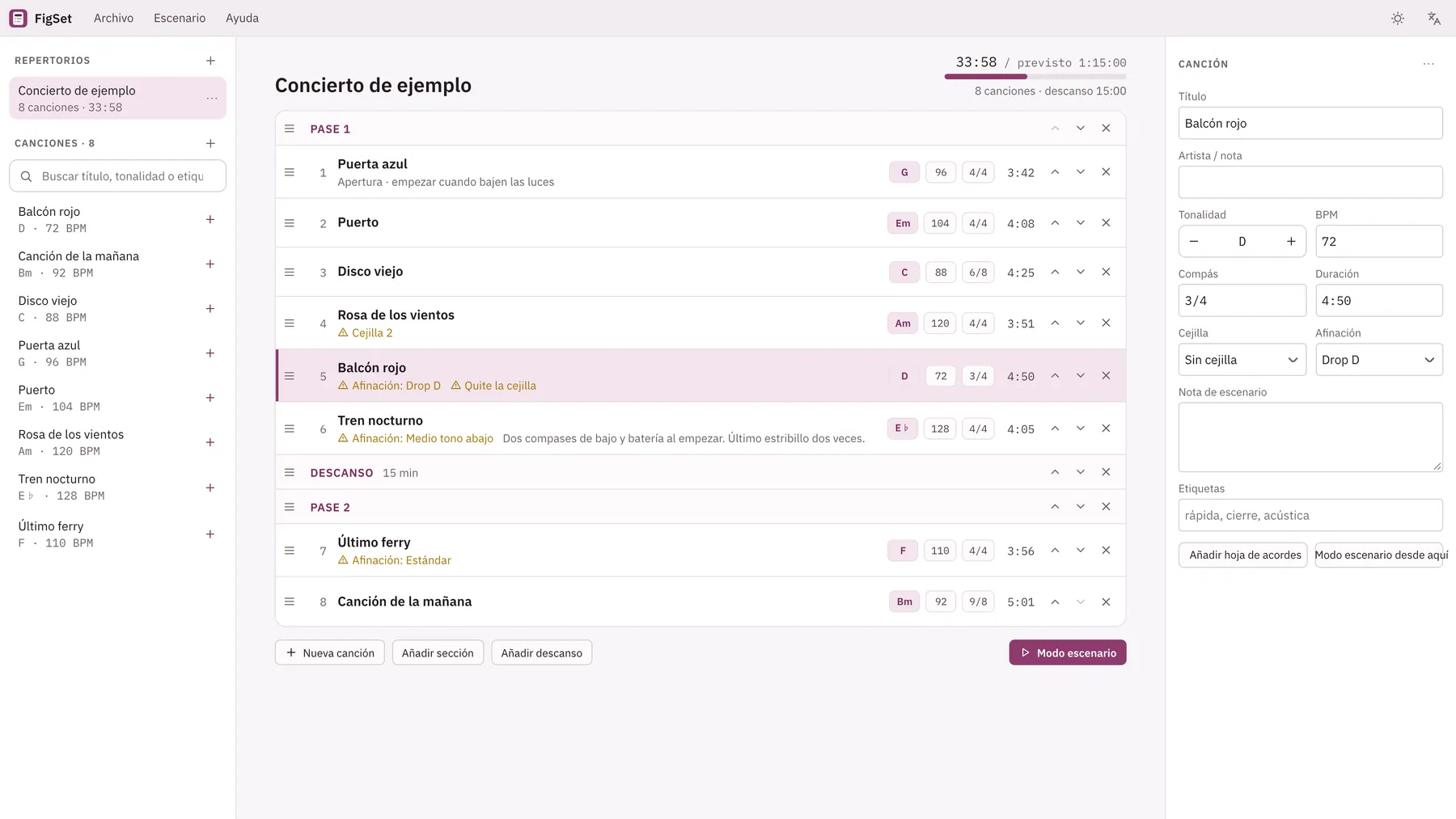 Captura de pantalla de Cuevio: área de trabajo con contenido de ejemplo