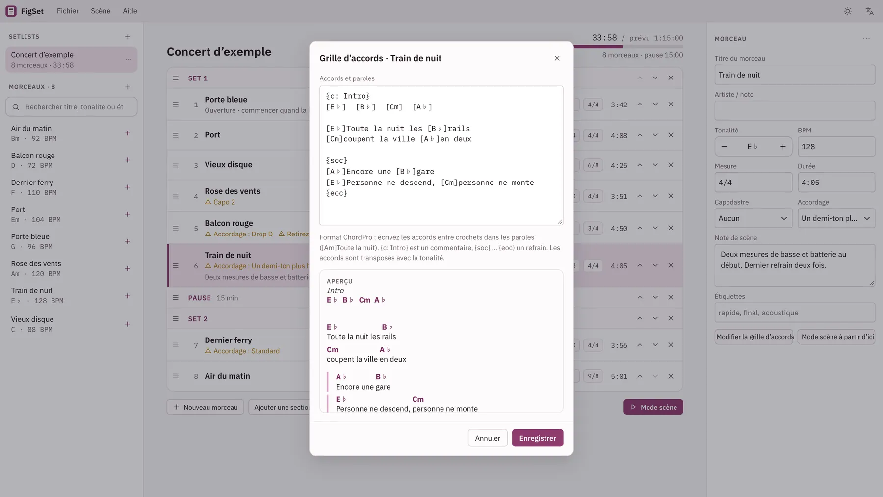 Capture d'écran de Cuevio : espace de travail avec un contenu d'exemple