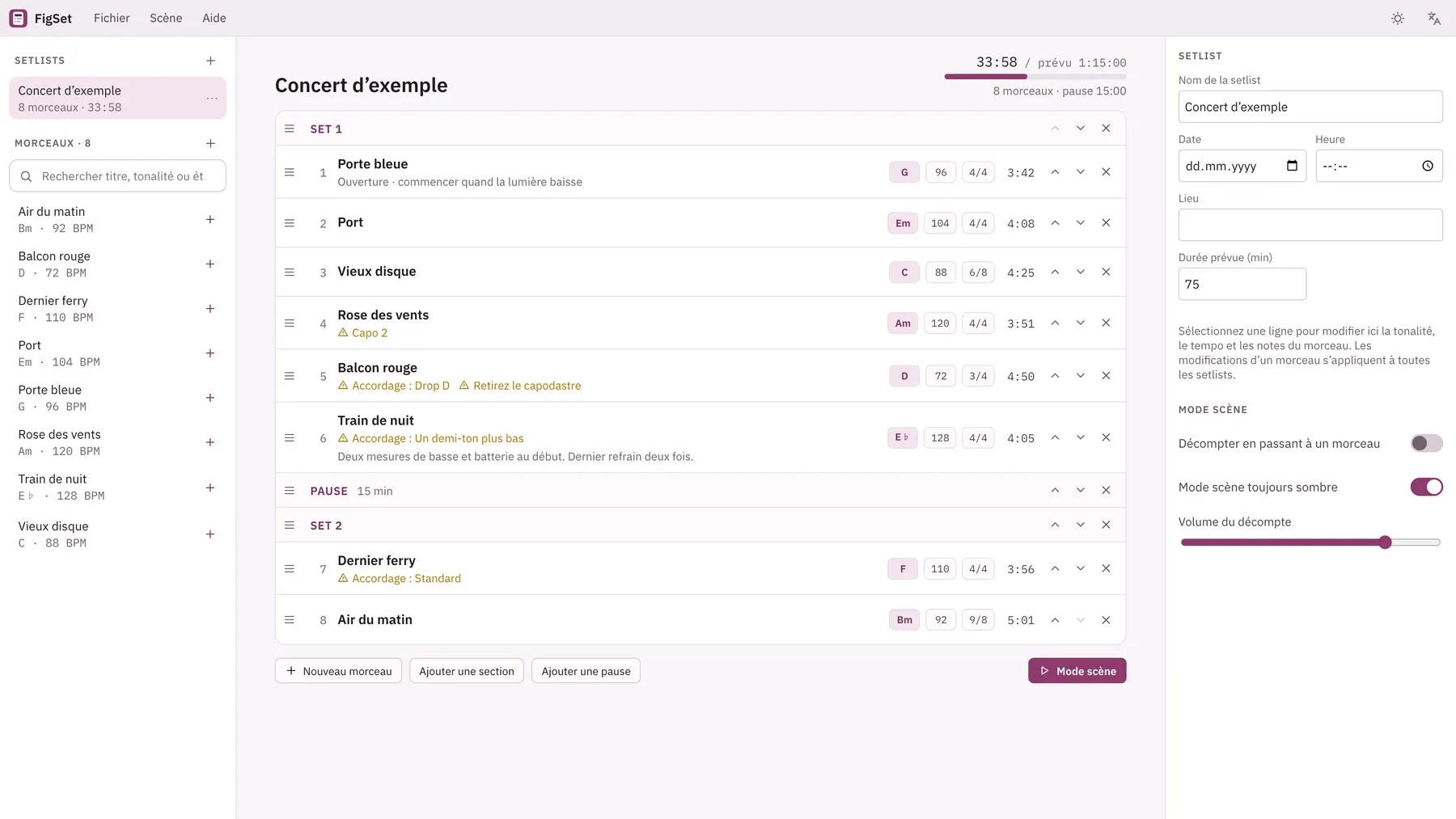 Capture d'écran de Cuevio : espace de travail avec un contenu d'exemple