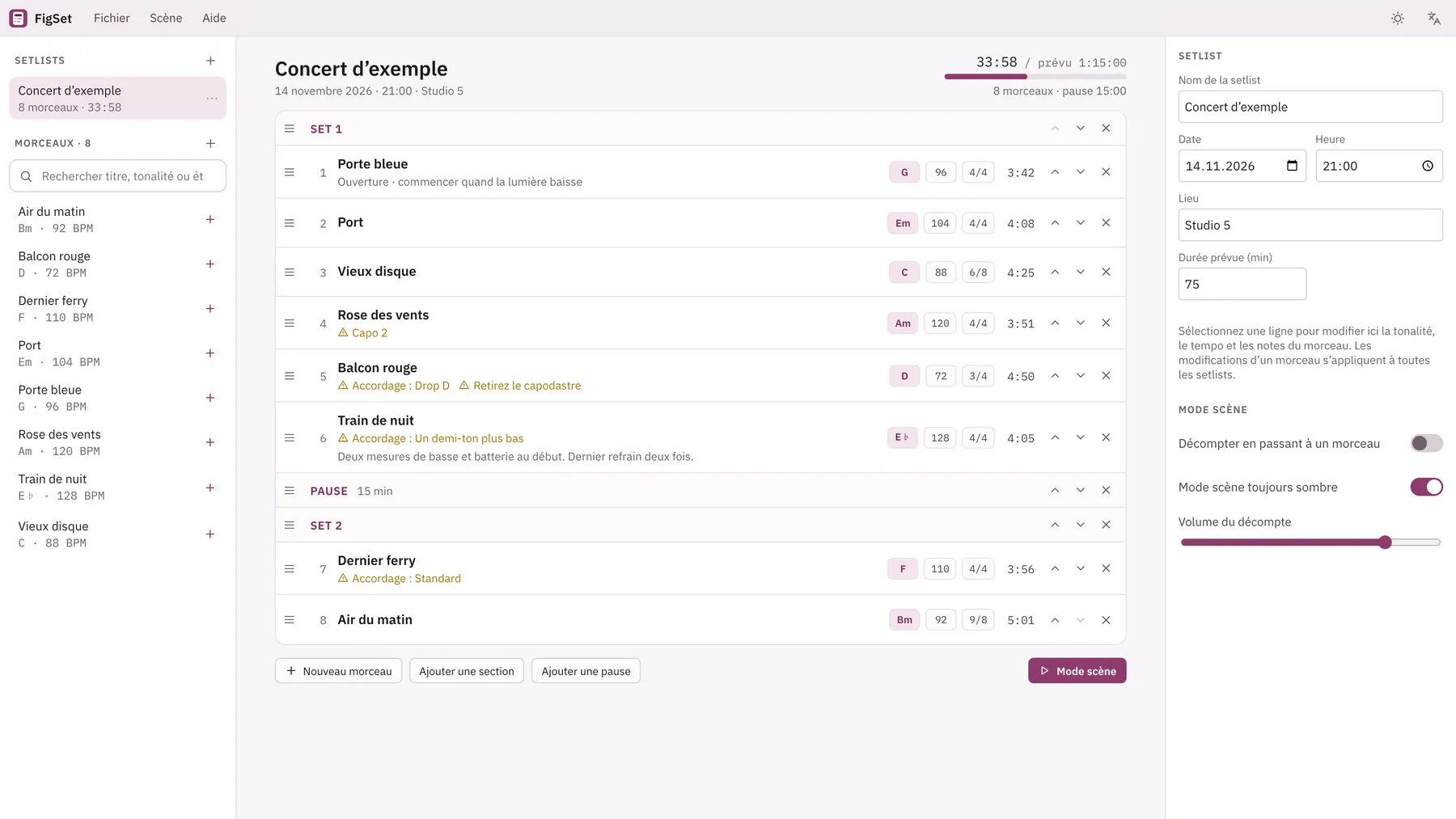 Capture d'écran de Cuevio : espace de travail avec un contenu d'exemple