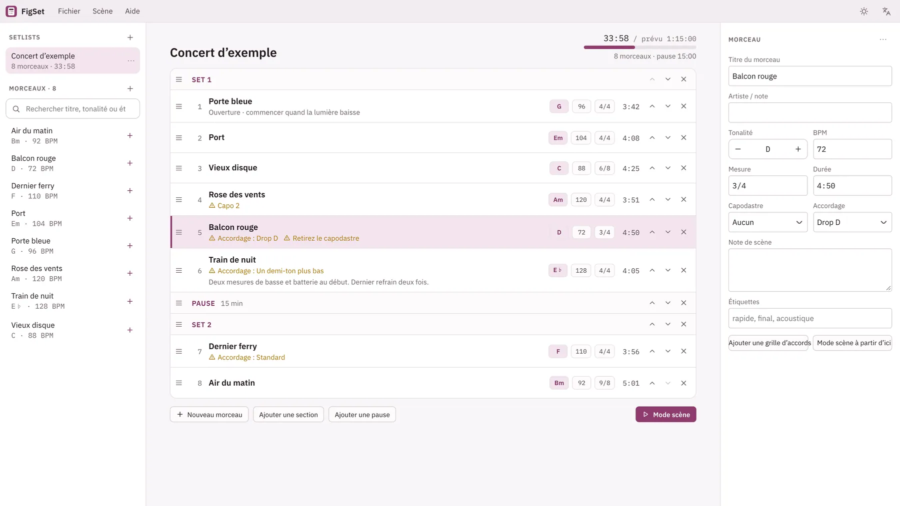 Capture d'écran de Cuevio : espace de travail avec un contenu d'exemple