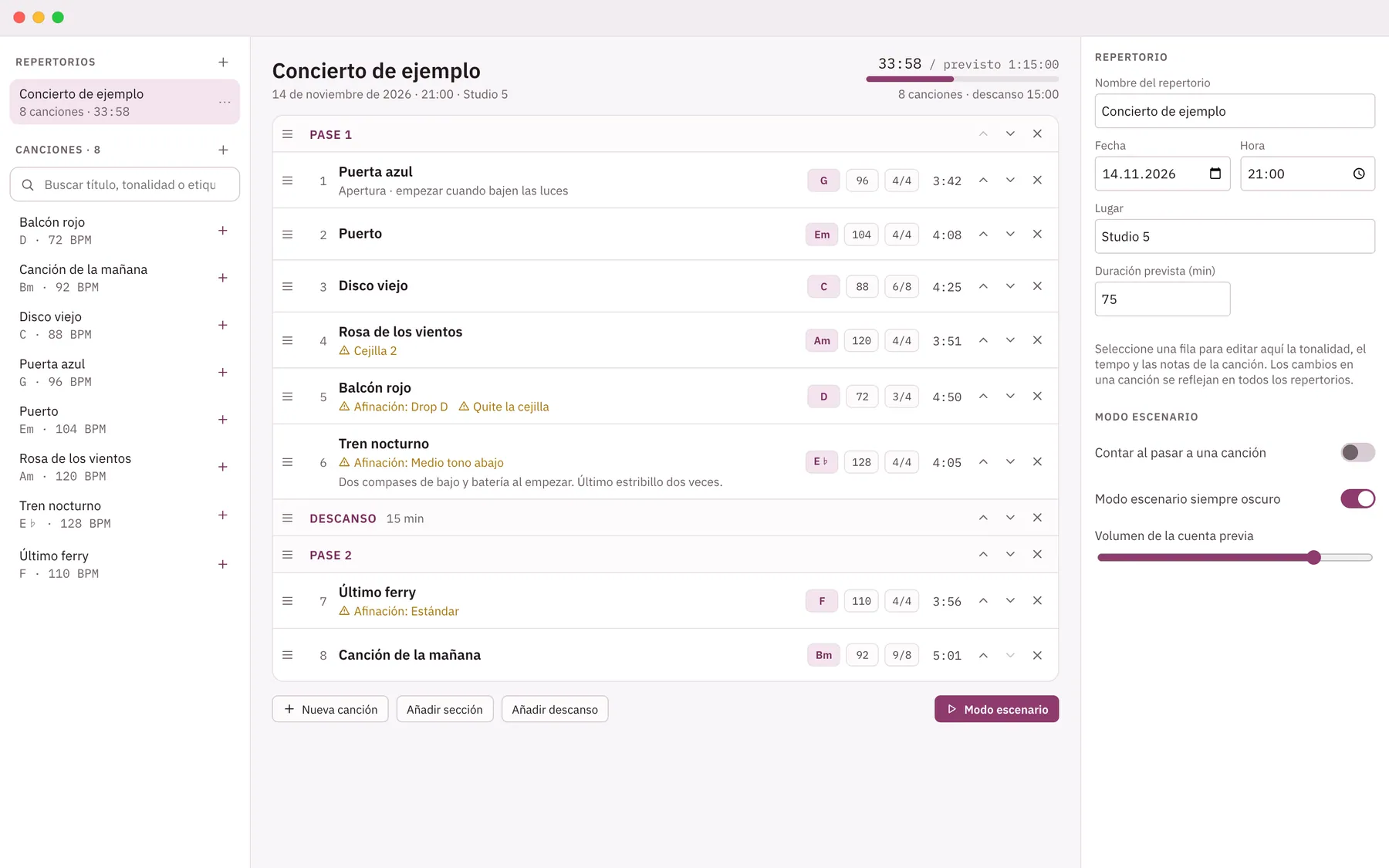 Captura de pantalla de Cuevio: área de trabajo con contenido de ejemplo
