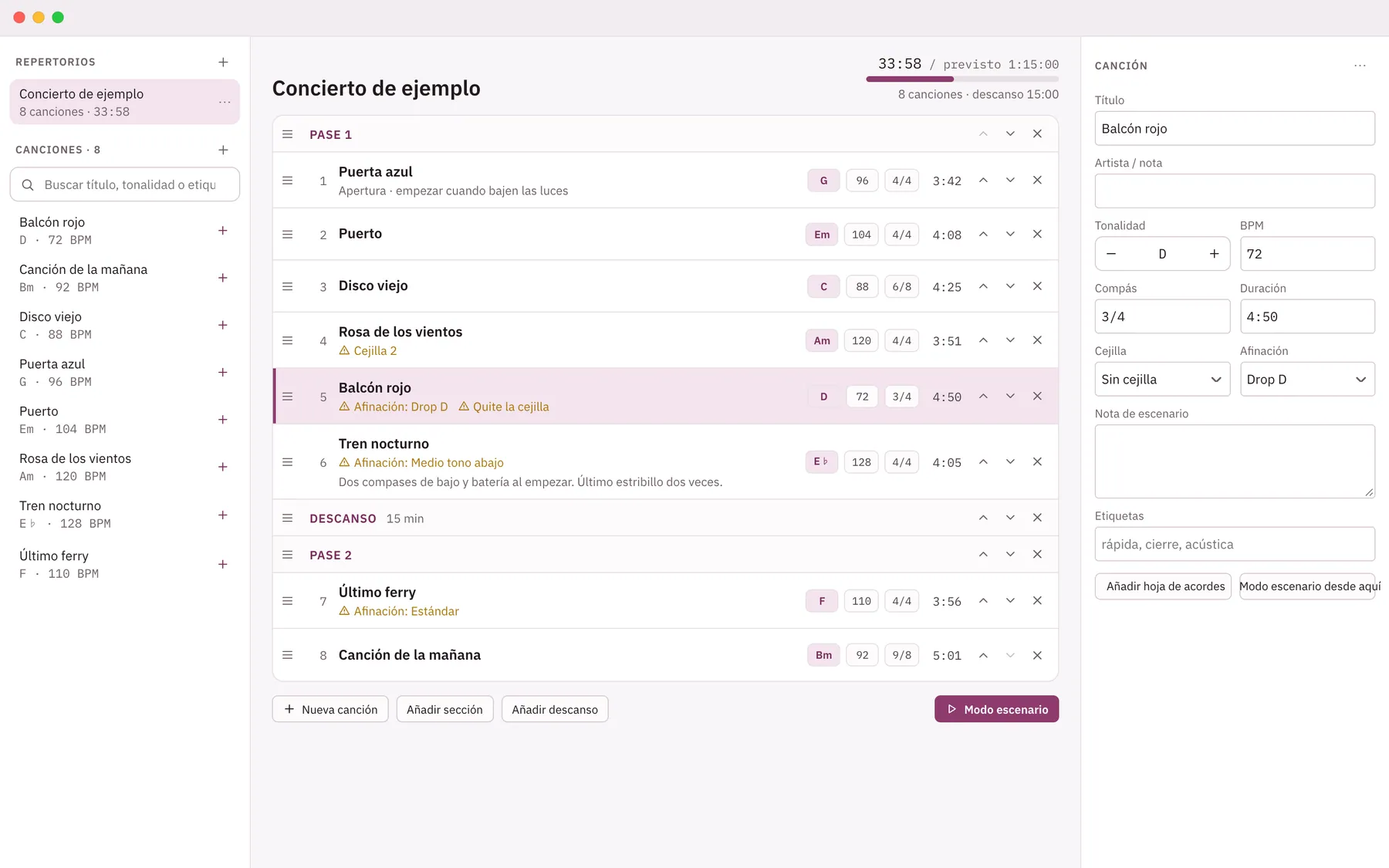 Captura de pantalla de Cuevio: área de trabajo con contenido de ejemplo