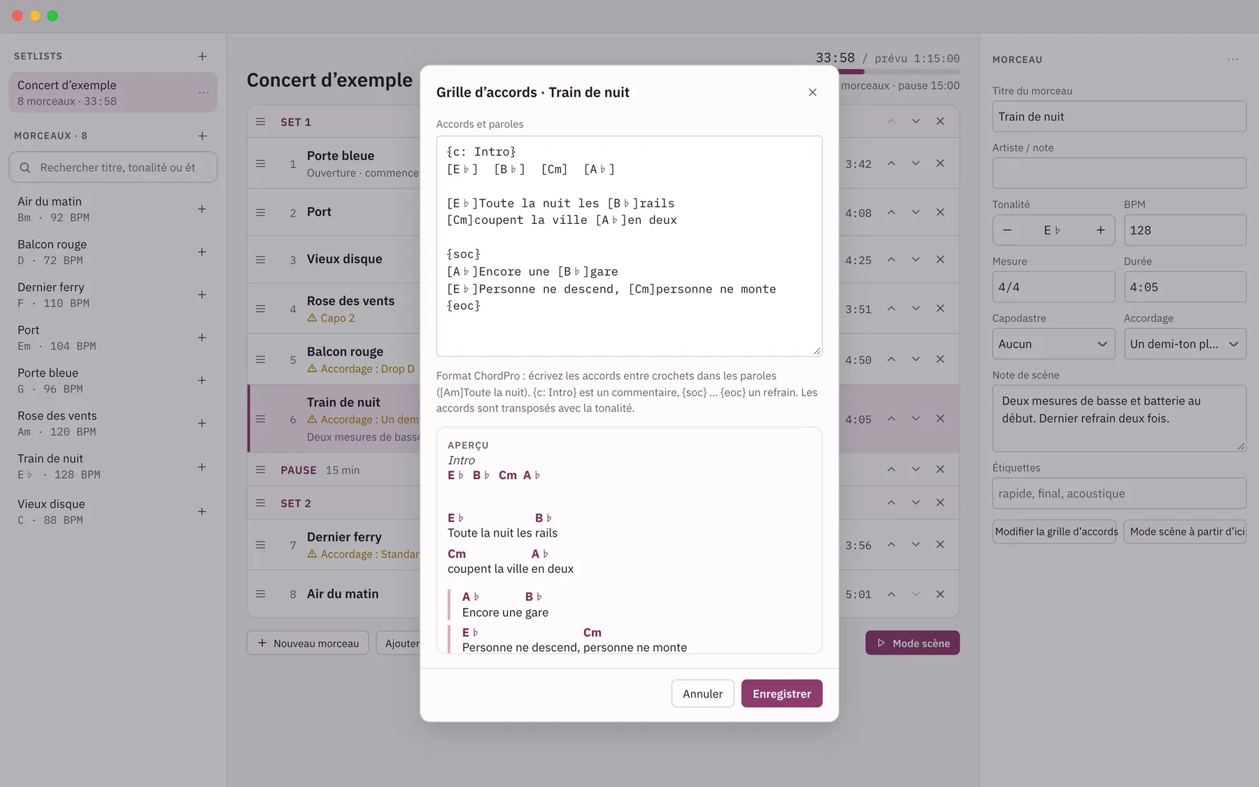 Capture d'écran de Cuevio : espace de travail avec un contenu d'exemple