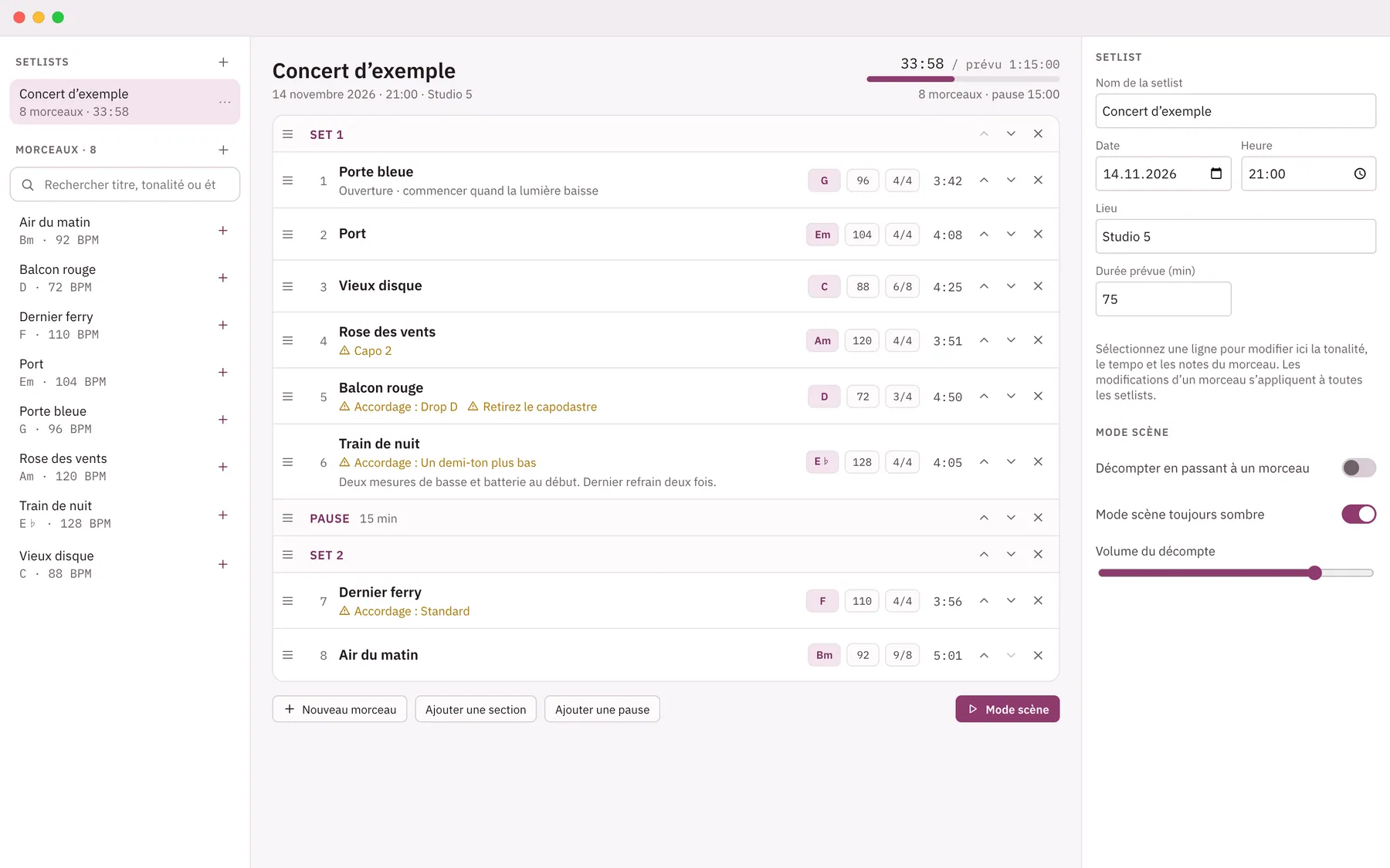 Capture d'écran de Cuevio : espace de travail avec un contenu d'exemple