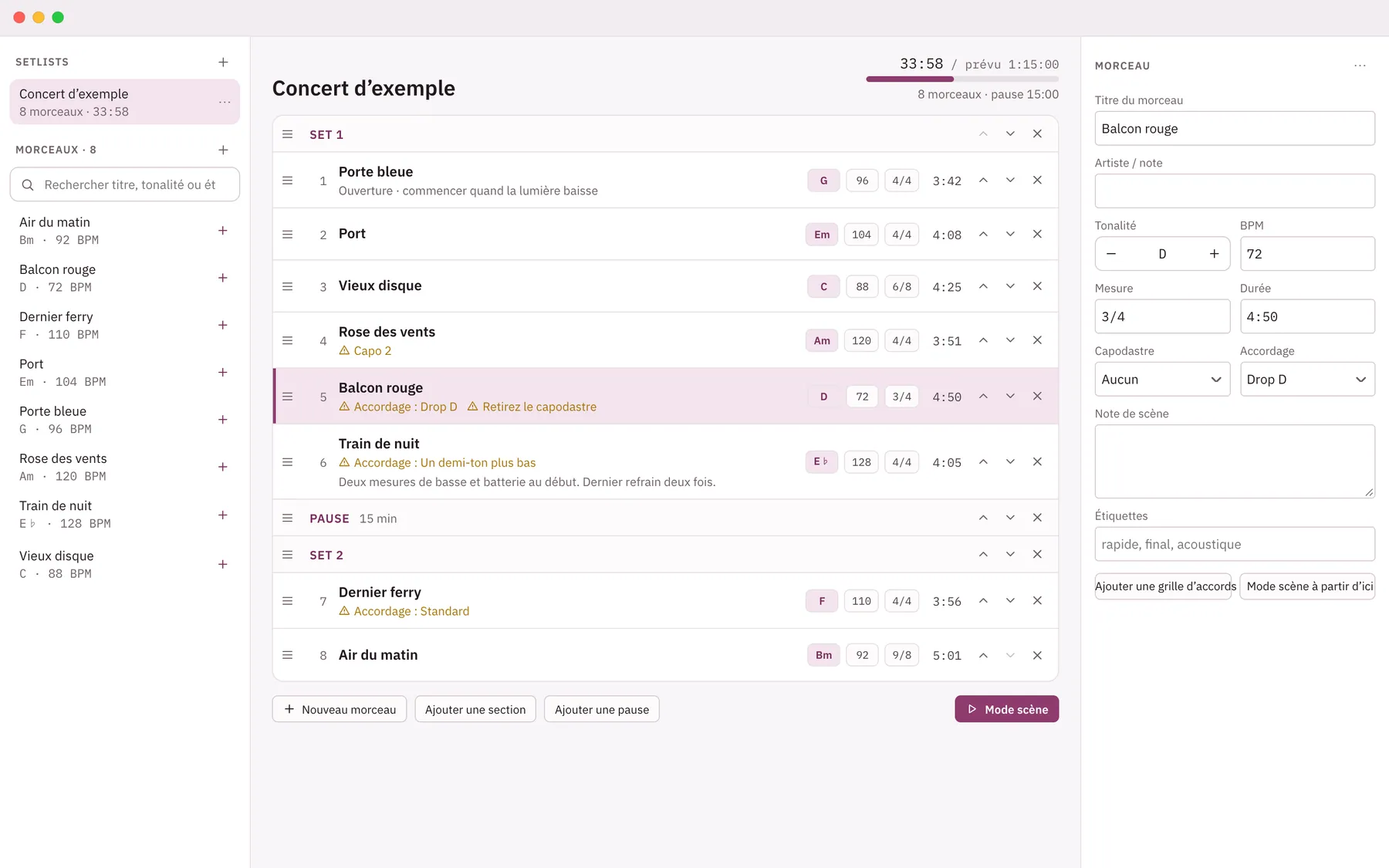 Capture d'écran de Cuevio : espace de travail avec un contenu d'exemple