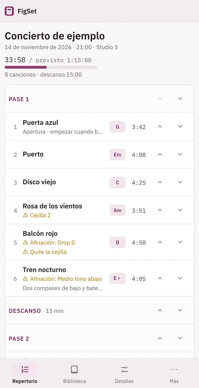 Captura de pantalla de Cuevio: área de trabajo con contenido de ejemplo