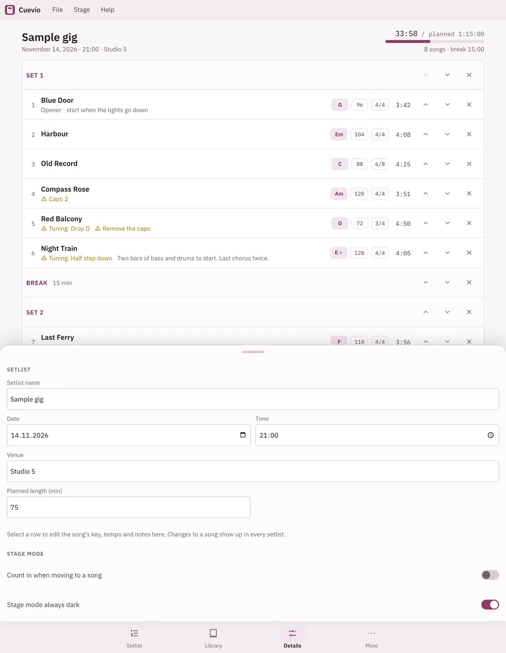 Cuevio screenshot: workspace with sample content