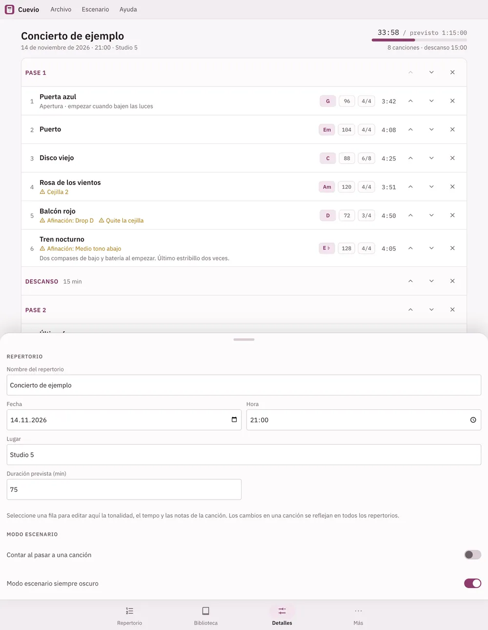 Captura de pantalla de Cuevio: área de trabajo con contenido de ejemplo