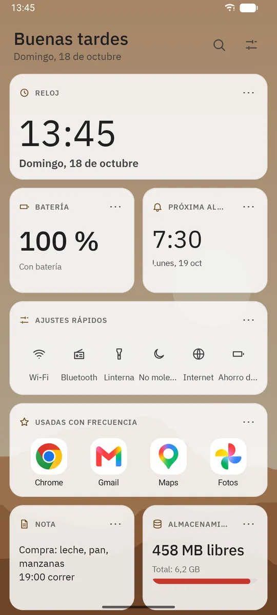 Captura de pantalla de Dockela Launcher: área de trabajo con contenido de ejemplo