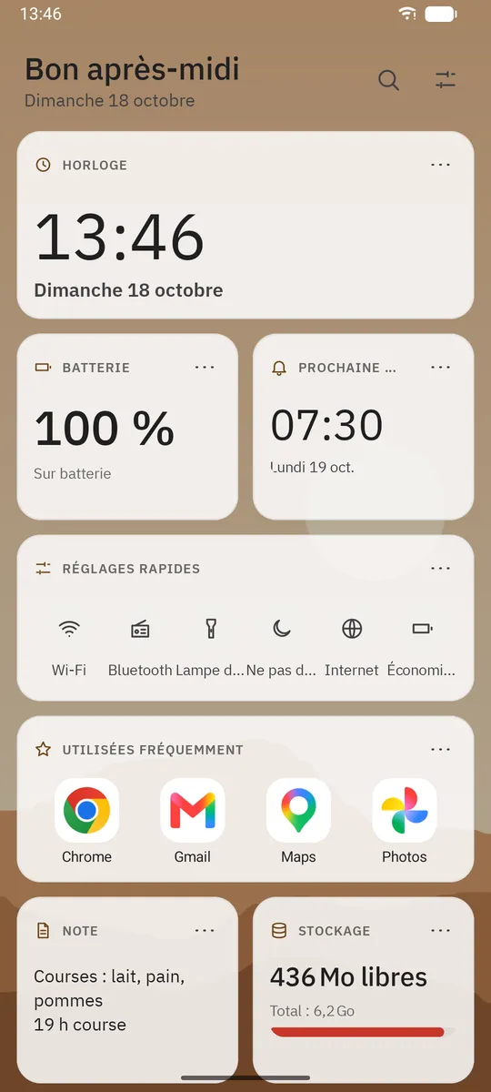 Capture d'écran de Dockela Launcher : espace de travail avec un contenu d'exemple