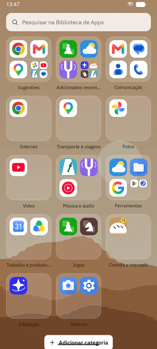 Captura de tela do Dockela Launcher: área de trabalho com conteúdo de exemplo