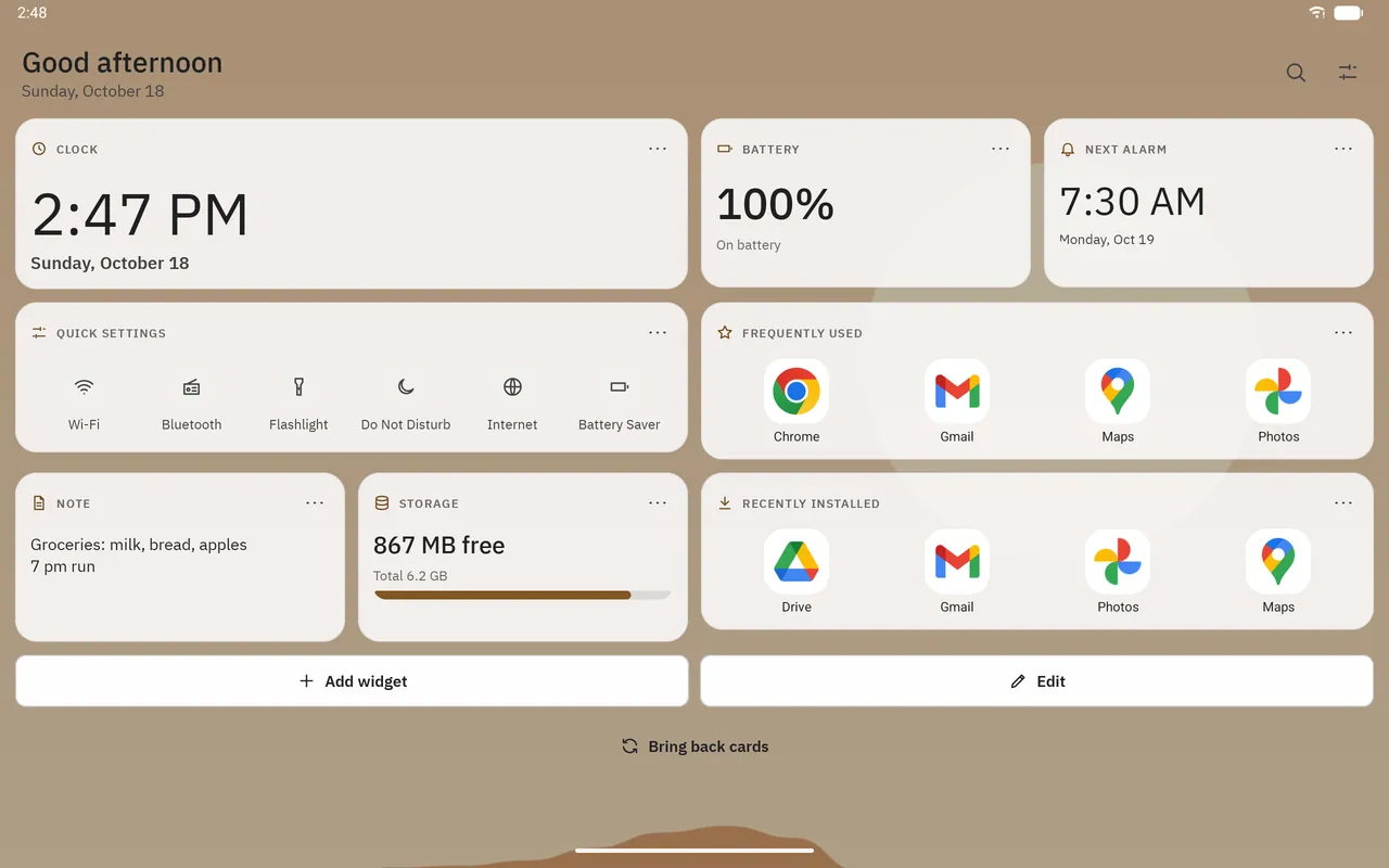 Dockela Launcher screenshot: workspace with sample content