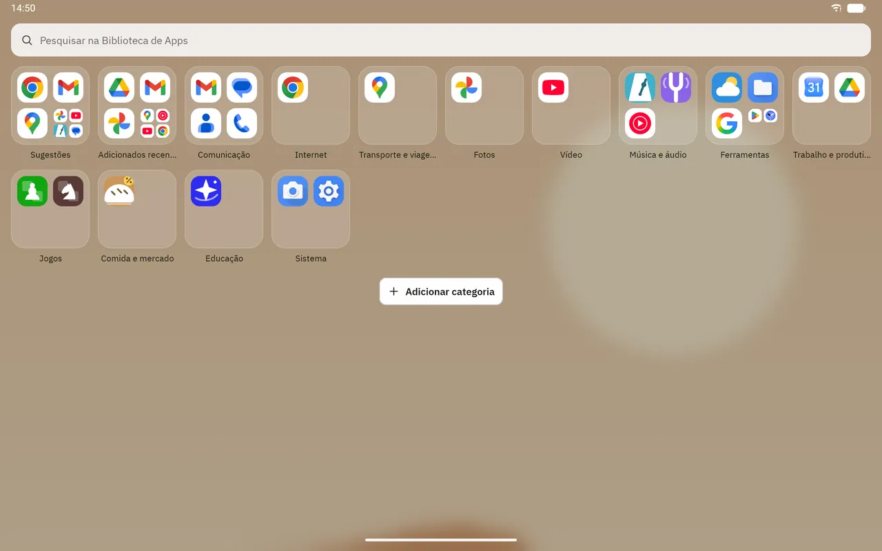 Captura de tela do Dockela Launcher: área de trabalho com conteúdo de exemplo