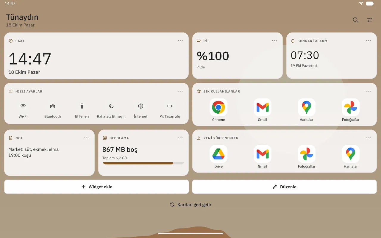 Dockela Launcher ekran görüntüsü: örnek içerikle çalışma alanı