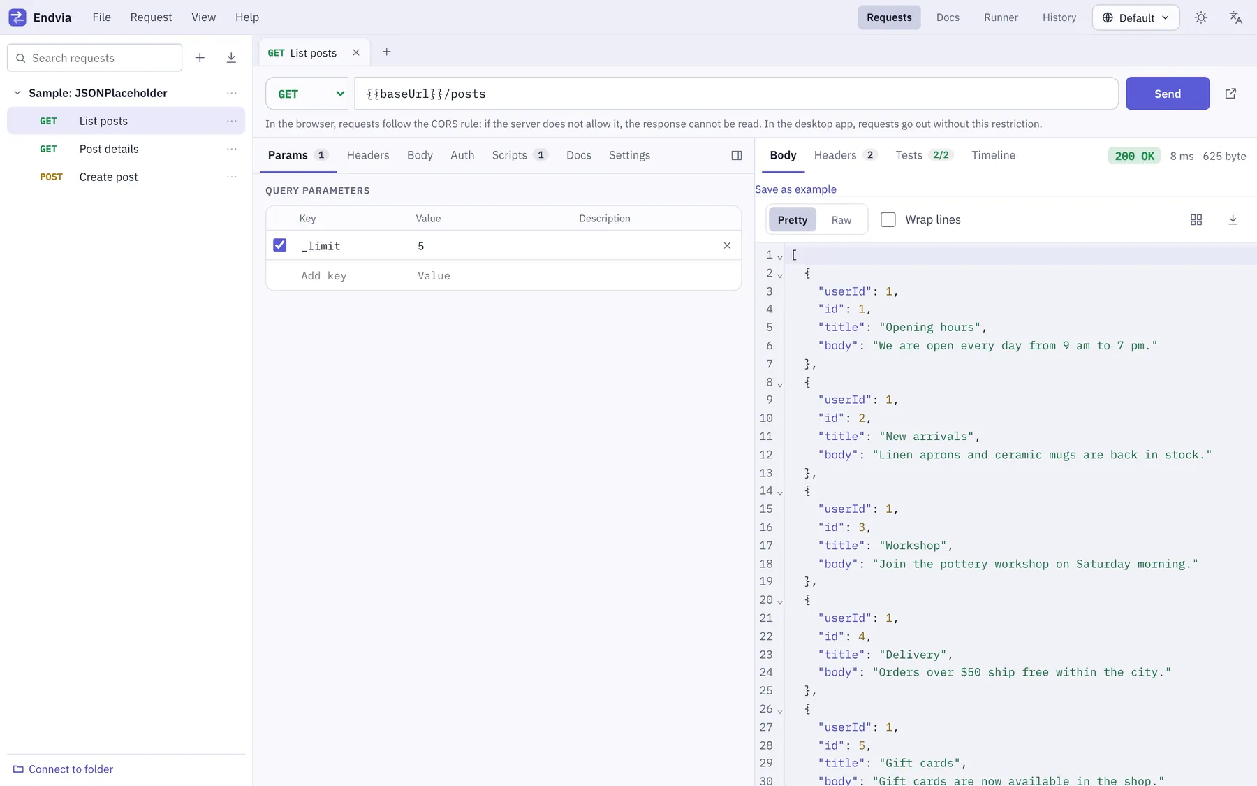 Endvia screenshot: workspace with sample content