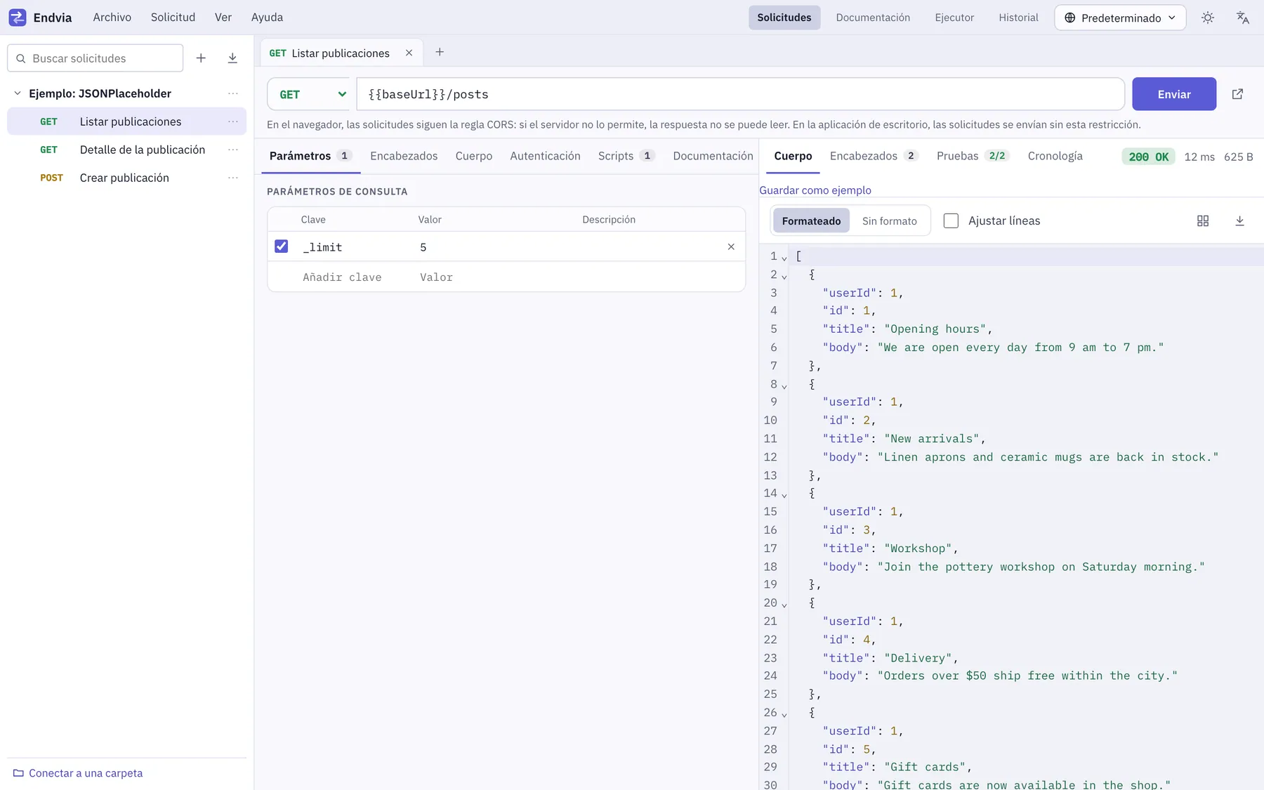 Captura de pantalla de Endvia: área de trabajo con contenido de ejemplo