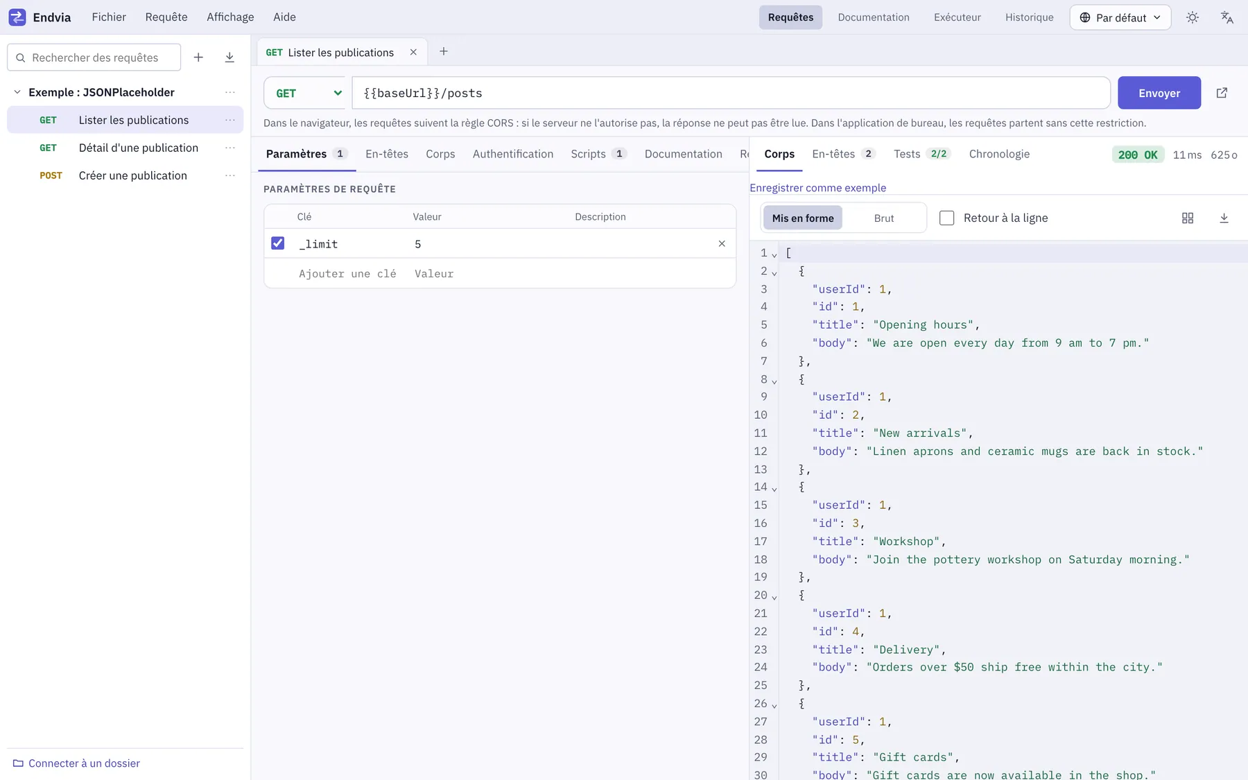 Capture d'écran de Endvia : espace de travail avec un contenu d'exemple