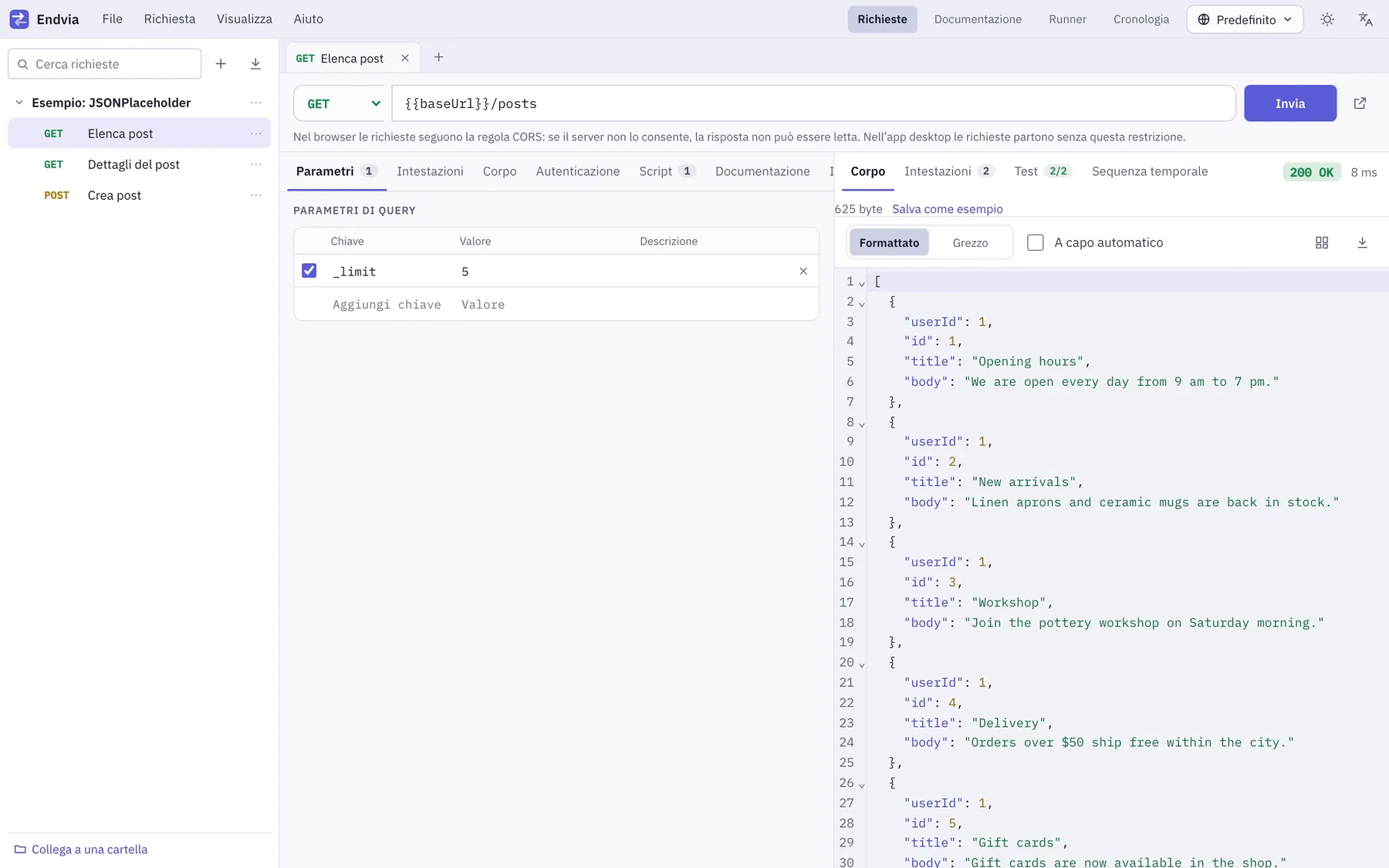 Screenshot di Endvia: area di lavoro con contenuto di esempio
