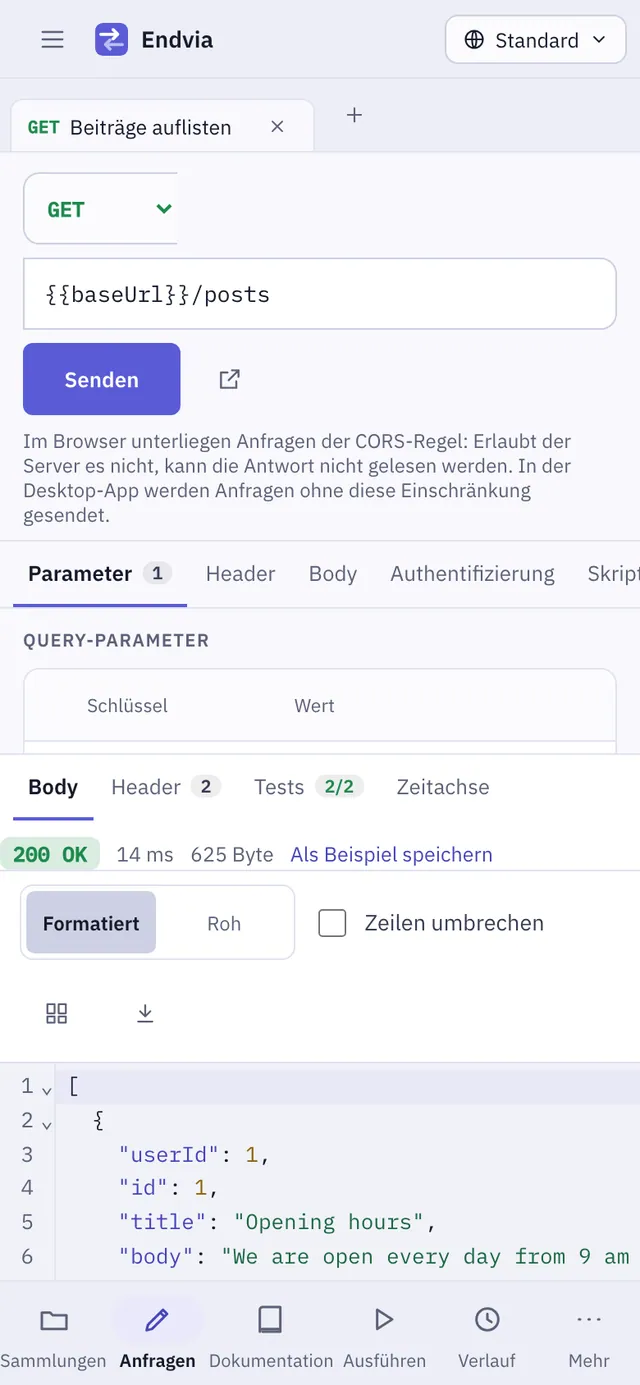 Bildschirmfoto von Endvia: Arbeitsbereich mit Beispielinhalt