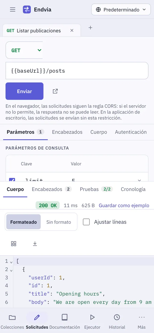 Captura de pantalla de Endvia: área de trabajo con contenido de ejemplo