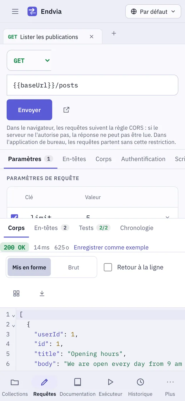 Capture d'écran de Endvia : espace de travail avec un contenu d'exemple
