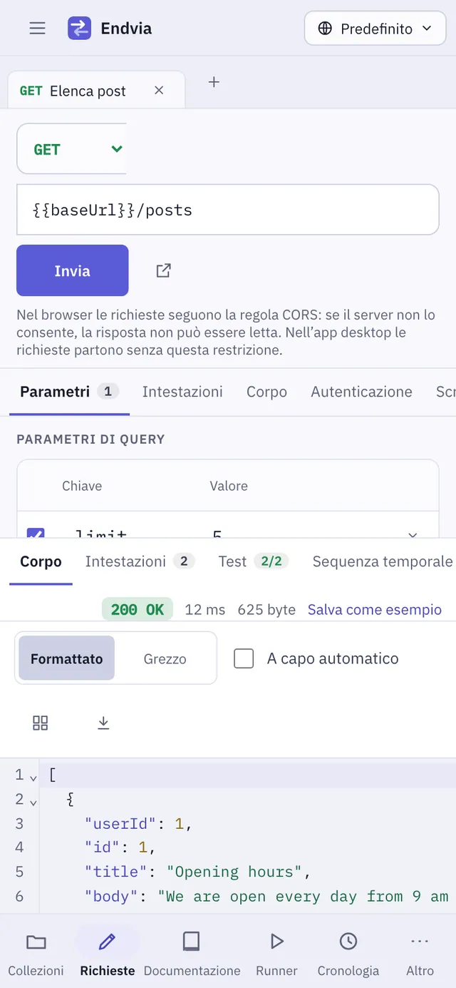 Screenshot di Endvia: area di lavoro con contenuto di esempio