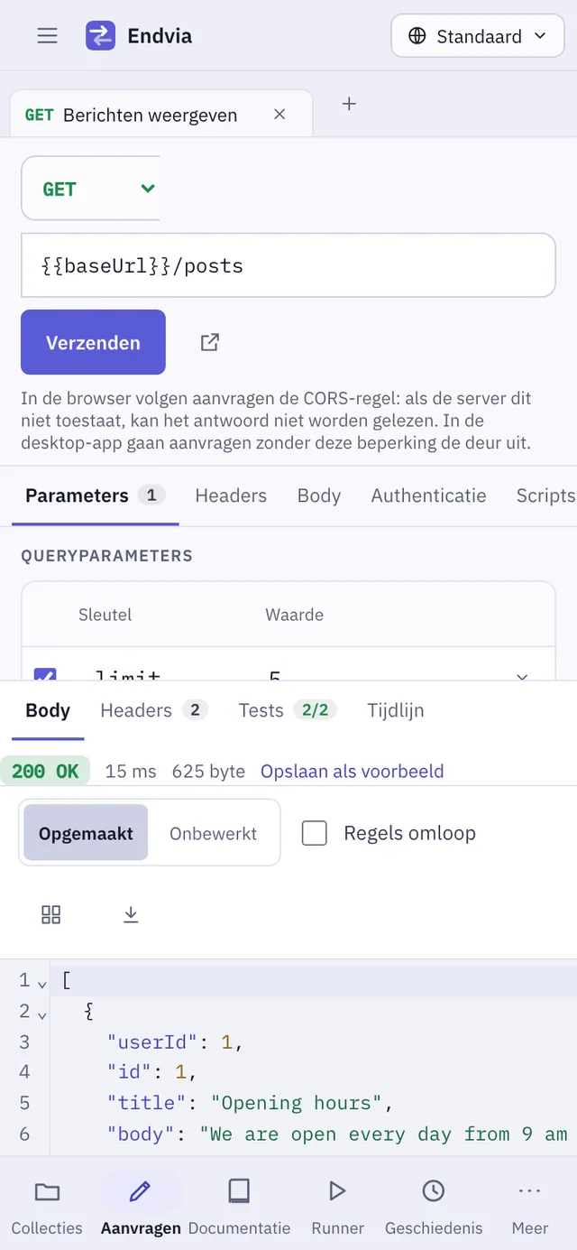 Schermafbeelding van Endvia: werkruimte met voorbeeldinhoud