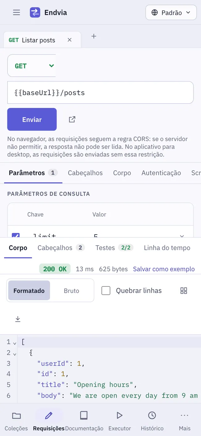 Captura de tela do Endvia: área de trabalho com conteúdo de exemplo