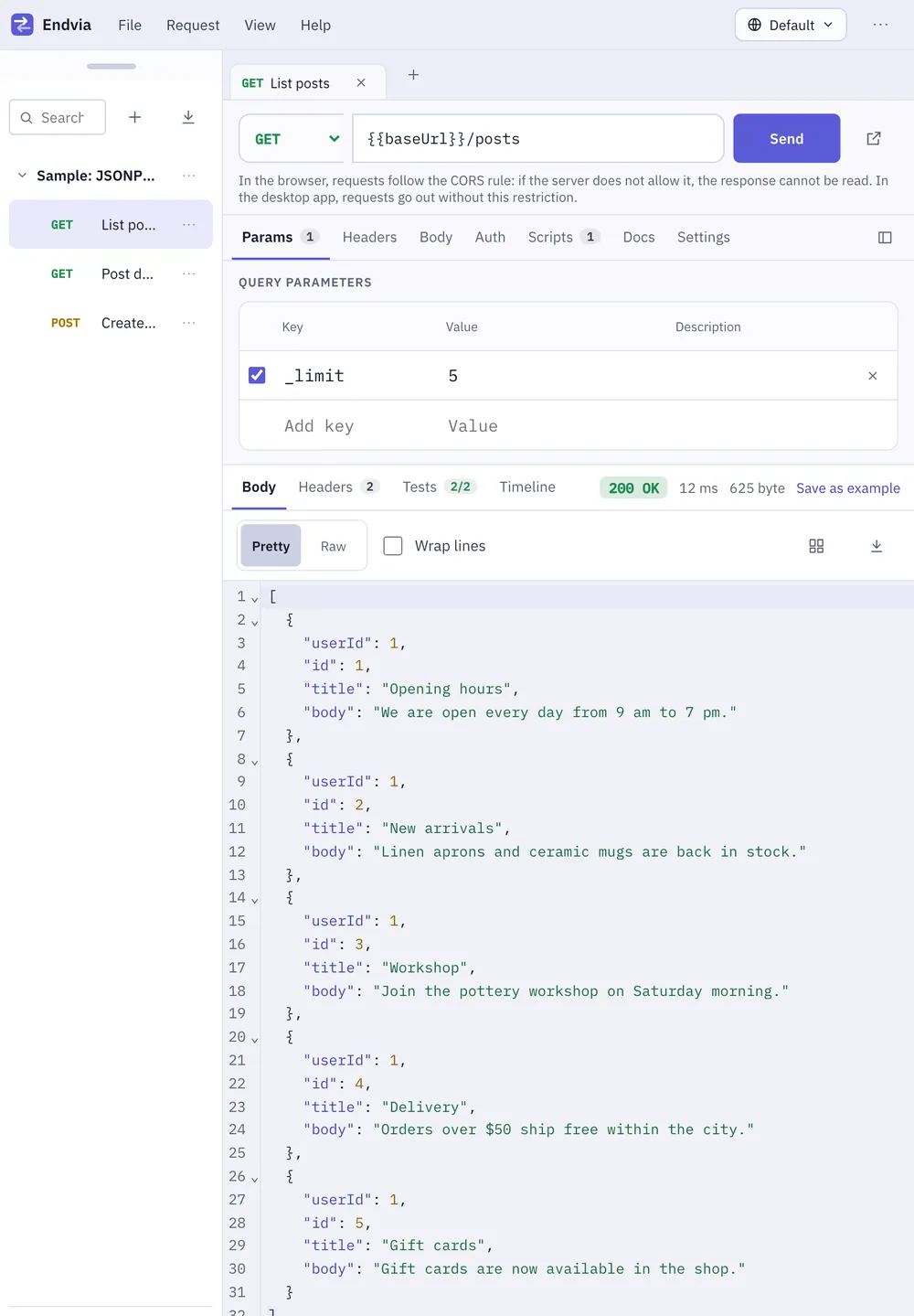 Endvia screenshot: workspace with sample content