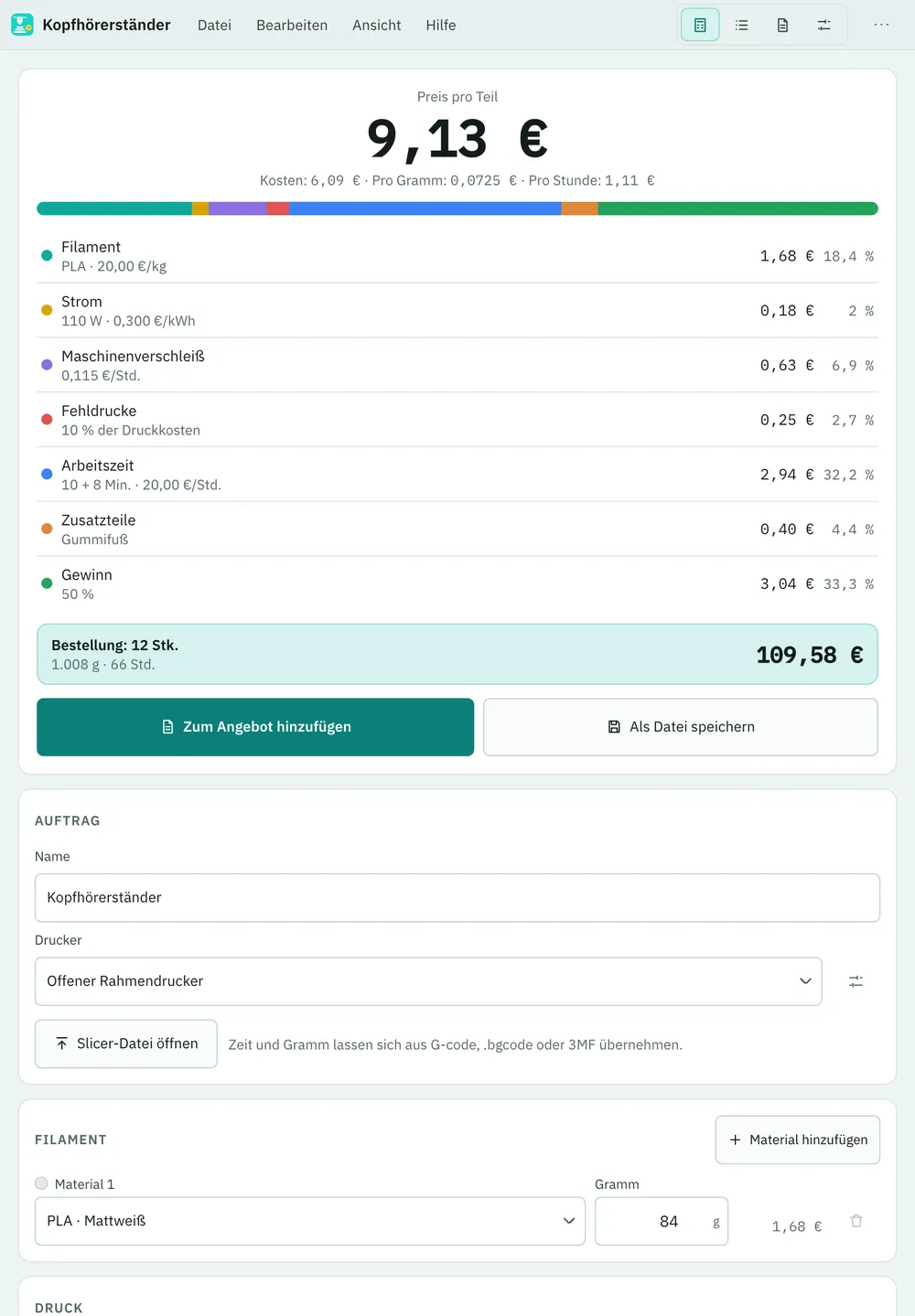 Bildschirmfoto von Extrudo: Arbeitsbereich mit Beispielinhalt