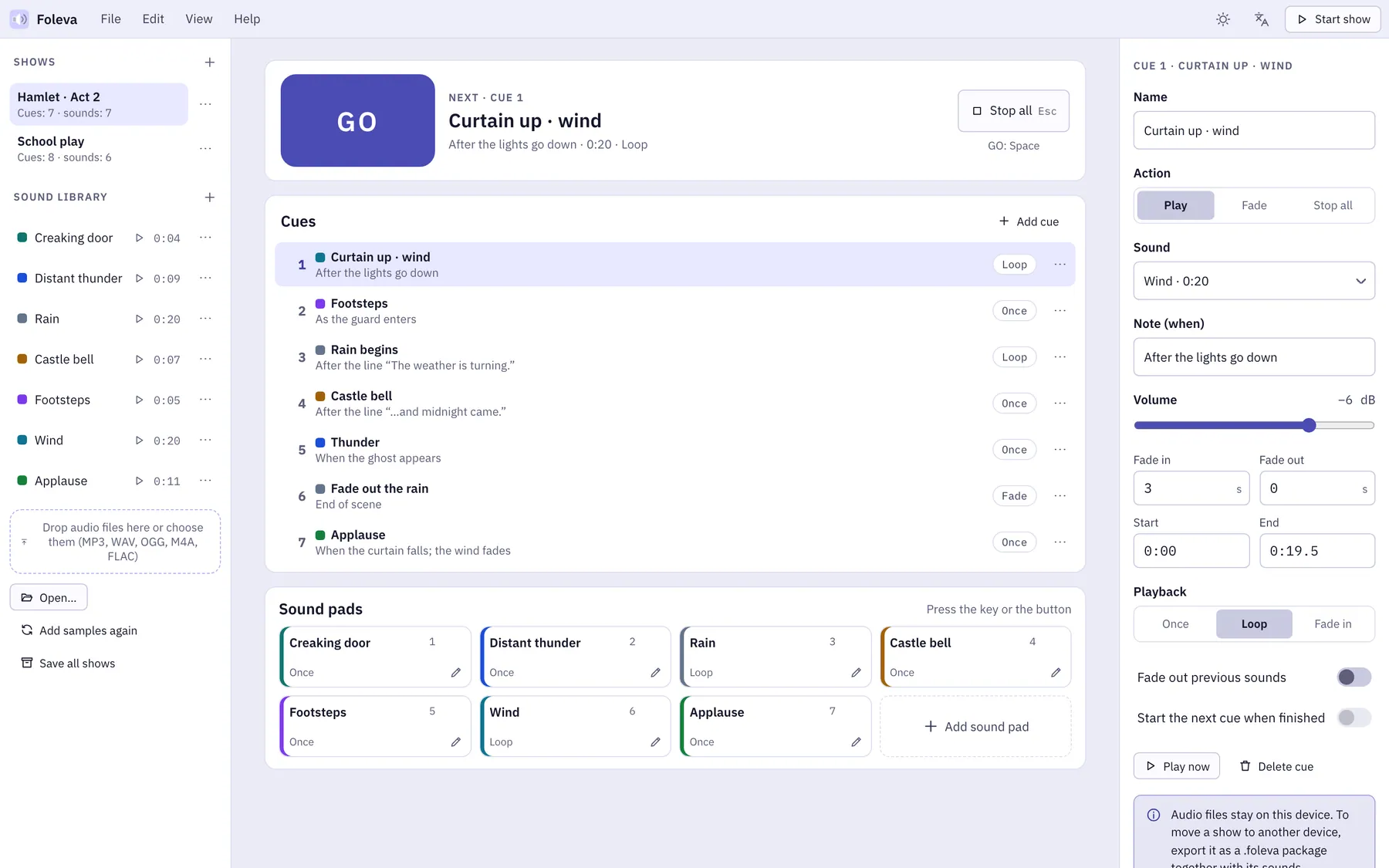Foleva screenshot: workspace with sample content