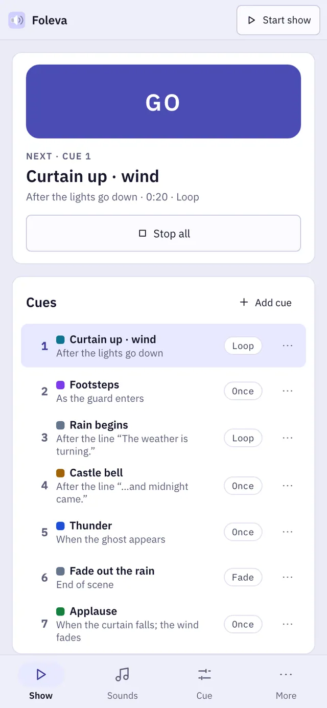 Foleva screenshot: workspace with sample content