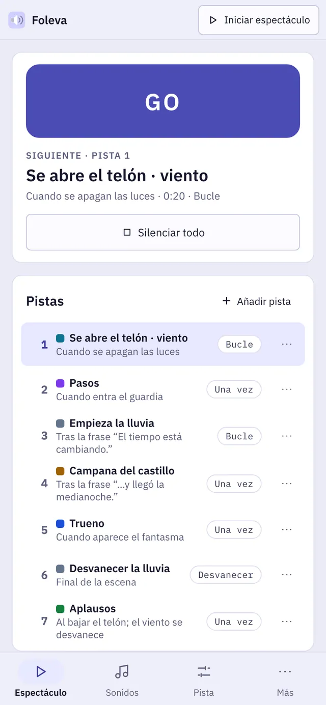 Captura de pantalla de Foleva: área de trabajo con contenido de ejemplo