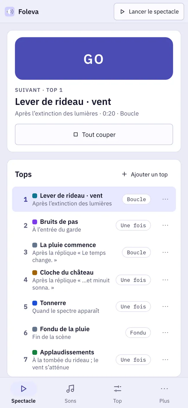 Capture d'écran de Foleva : espace de travail avec un contenu d'exemple
