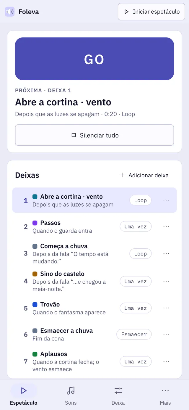 Captura de tela do Foleva: área de trabalho com conteúdo de exemplo